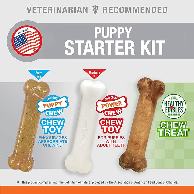 Nylabone Teething Puppy Chew Starter Kit, Two Puppy Chew Toys and Puppy Chew Treat, Puppy Supplies, Chicken & Bacon Flavor, Small/Regular (3 Count)