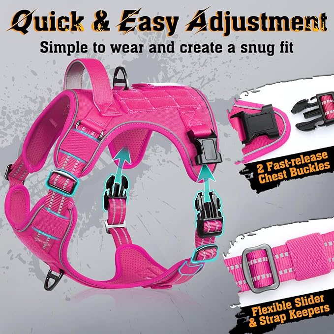 rabbitgoo Dog Harness for Large Dogs No Pull, Tactical Service Dog Vest with Molle and Control Handle, Adjustable and Reflective Military Pet Harness for Easy Walking and Training, Rose Red, L