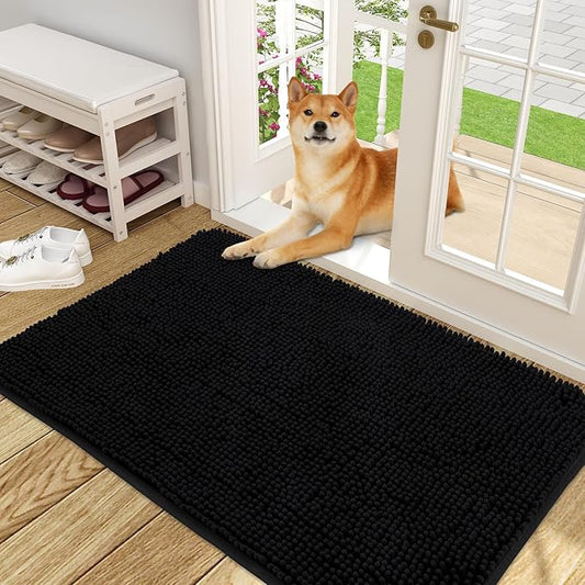 OLANLY Dog Door Mat for Muddy Paws 48x30, Absorbs Moisture and Dirt, Absorbent Non-Slip Washable Mat, Quick Dry Chenille, Mud Mat for Dogs, Entry Indoor Door Mat for Inside Floor, Black