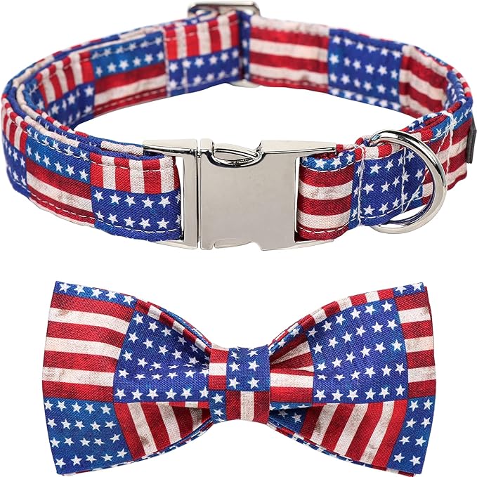 Lionet Paws Patriotic Dog Collar with Bowtie, 4th of July, Soft and Comfortable Adjustable American Flag Bowtie Collar for Dogs Male Female Gift, Medium, Neck 13.5-22 inches