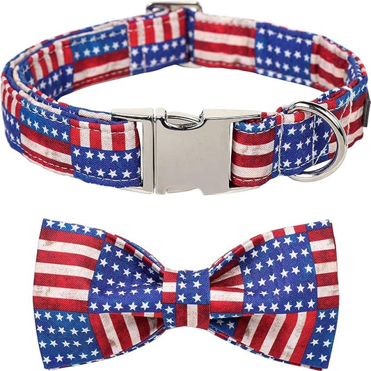 Lionet Paws Patriotic Dog Collar with Bowtie, 4th of July, Soft and Comfortable Adjustable American Flag Bowtie Collar for Dogs Male Female Gift, Small, Neck 10-16 inches