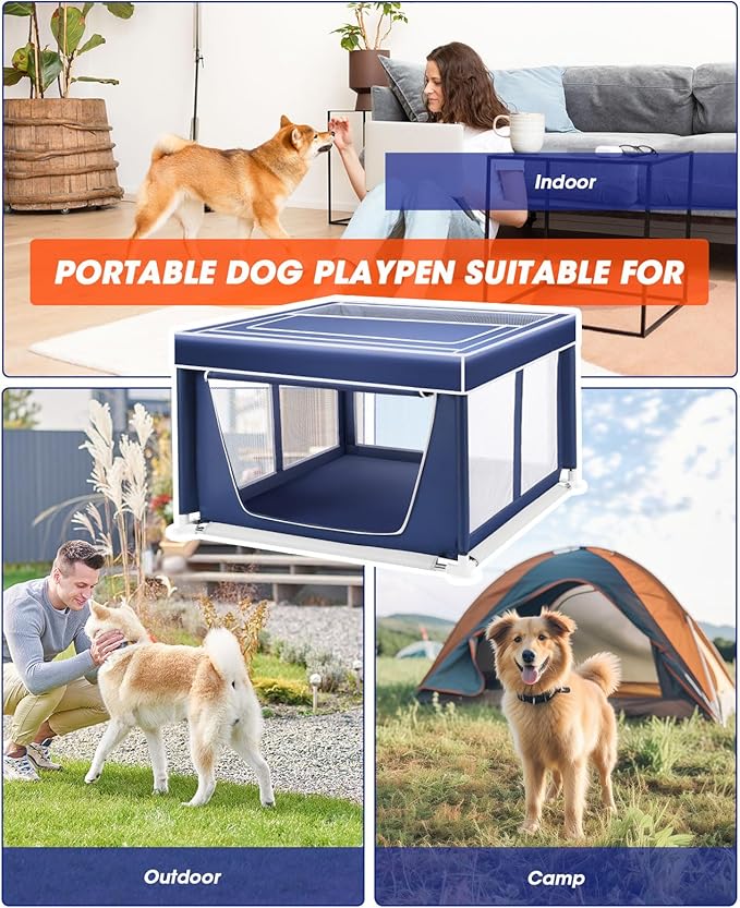 Dog Playpen 42 × 42 Inch,Breathable Puppy PlayPen with Gate and Removable Cover,Thickened Oxford Fabric Dog Play Pen for Indoor & Outdoor,Safe and Sturdy Pet Fence(Blue White)