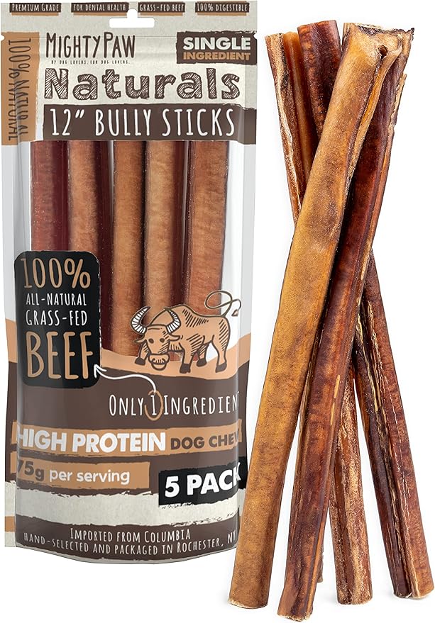 Mighty Paw Naturals Bully Sticks for Dogs - Grass Fed Beef Dog Chews. Dog Bully Sticks for Large Dogs, Medium and Small Breeds. Lower Odor Bully Sticks for Small Dogs. Single Ingredient (12" - 5 Pack)