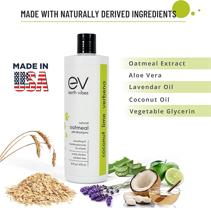 Earth Vibes Natural Oatmeal Dog & Cat Pet Shampoo & Conditioner, Dry Itchy Skin Relief for Dogs, Cats & Pets, Calming Aloe Vera, Made in USA, 16oz