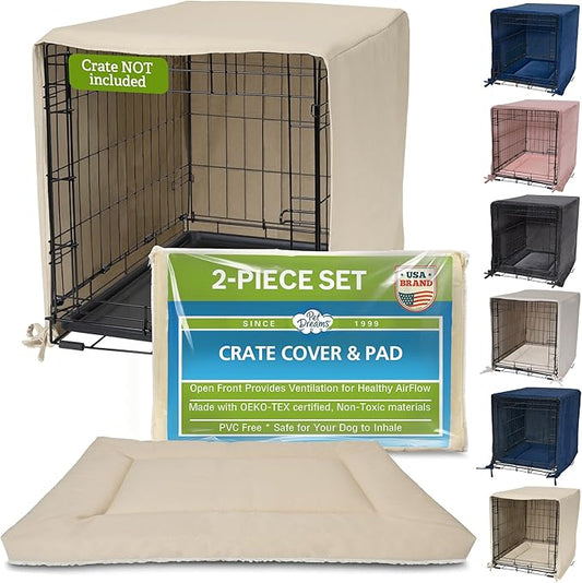 Pet Dreams Dog Crate Cover & Mat- Breathable Non-Toxic Kennel Topper for Single-Door Crates, Fits iCrate Dog Cages 18, 24, 30, 36, 42, 48 Inches (Khaki, Medium, 30“)