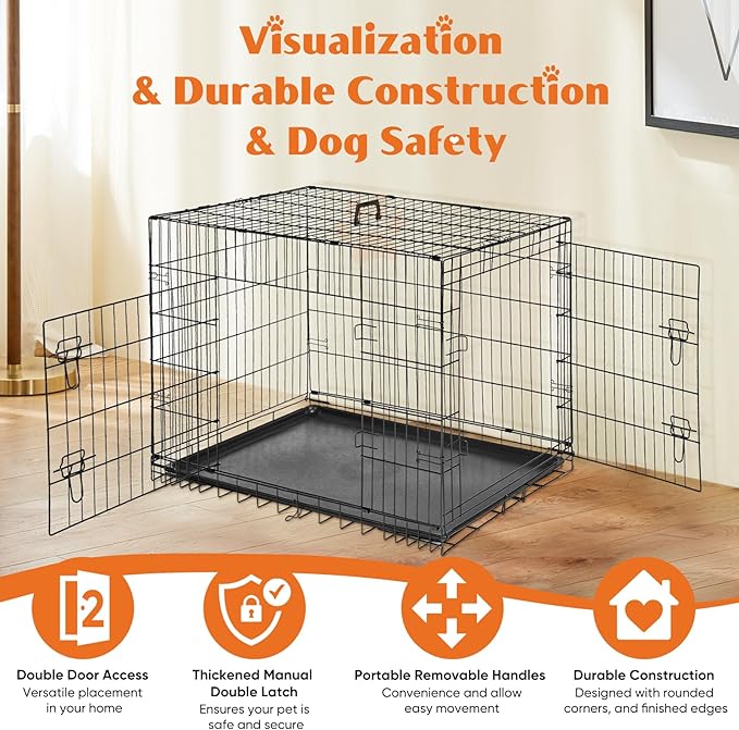 Dog Crates for Medium Dogs, Heavy Duty Dog Cage Indoor W/Divider Panel & Removable Tray, Metal Double Doors Dog Kennel for Indoor Outdoor Travel, Floor Protecting Feet, 30 in Black