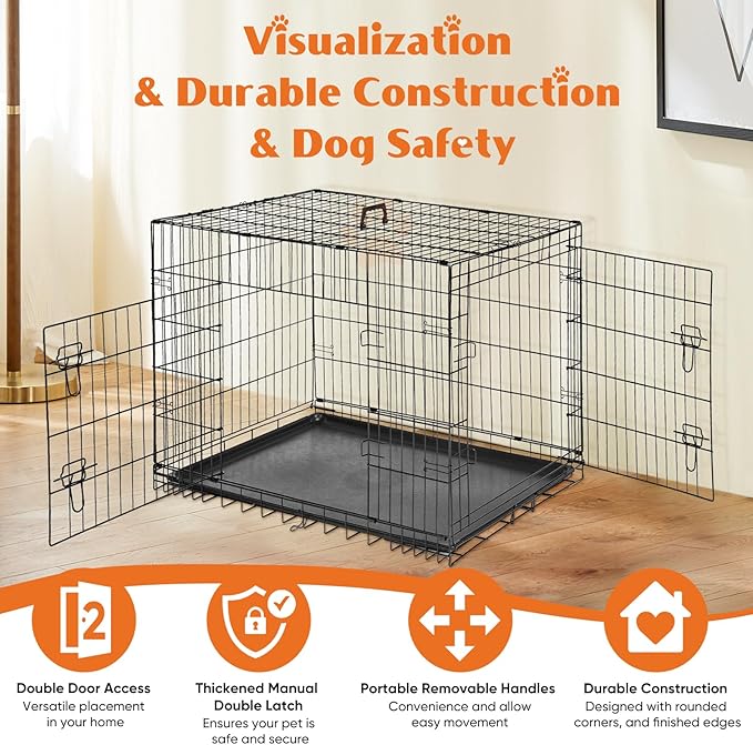 Dog Crates for Medium Dogs, Heavy Duty Dog Cage Indoor W/Divider Panel & Removable Tray, Metal Double Doors Dog Kennel for Indoor Outdoor Travel, Floor Protecting Feet, 24 in Black