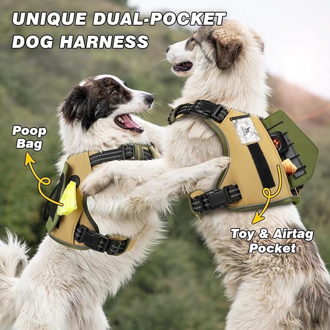 WINGOIN Tactical Dog Harness for Large Dogs, No Pull Harness with Handle 2 Pockets Poop Bag, Reflective Dog Vest, Military Service Heavy Duty Big Dog Harness for Walking Hiking Training, Khaki, L