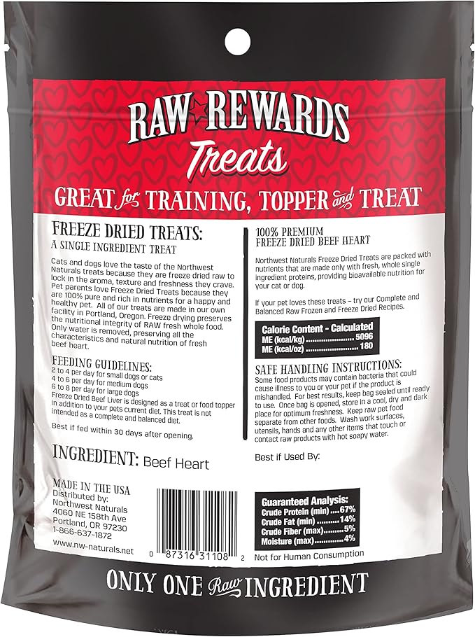 Northwest Naturals Raw Rewards Freeze-Dried Beef Heart Treats for Dogs and Cats - Bite-Sized Pieces - Healthy, 1 Ingredient, Human Grade Pet Food, All Natural - 3 Oz
