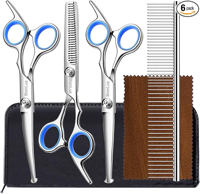 Bamlue 6 in 1 Professional Stainless Steel 4CR Safety Round Tip Dog Grooming Scissors, Anti-Rust Shears Cat Grooming Scissors Pet Kit, Thinning Straight Comb for Long Short Hair-Blue