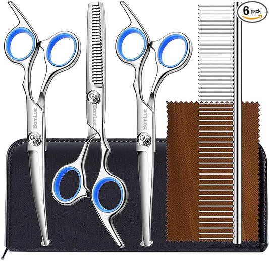 Bamlue 6 in 1 Professional Stainless Steel 4CR Safety Round Tip Dog Grooming Scissors, Anti-Rust Shears Cat Grooming Scissors Pet Kit, Thinning Straight Comb for Long Short Hair-Blue