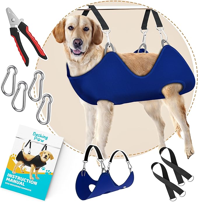 Dog Grooming Hammock – Sturdy & Safe Dog Hammock for Grooming with Durable Carabiner Clips & Straps – Soft, Comforting Dog Grooming Harness – Pet Grooming Hammock + Nail Trimmer for Large Dogs