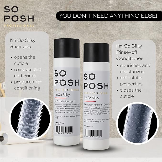 So Posh I´m So Silky Dog Shampoo - with Silk Protein, Perfect for Drop-Coats Like Yorkie, Maltese, Shih Tzu etc. Heavy, Smooth & Anti-Static Result, Sulfate & Paraben Free, 1:10 Concentrate. 33.8 Oz
