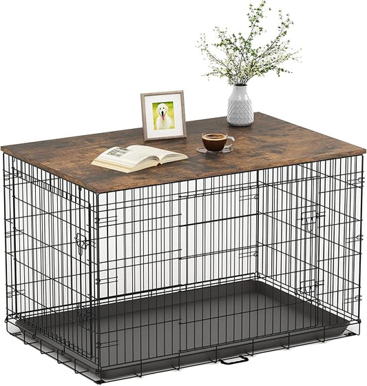 Piskyet Dog Crate Topper Wood Countertop for 48 42 36 30 24 inch Dog Cage, Dog Crate Cover,Dog Kennel Topper(Crate Not Include) (Rustic Brown, for 30 Inch Crate)