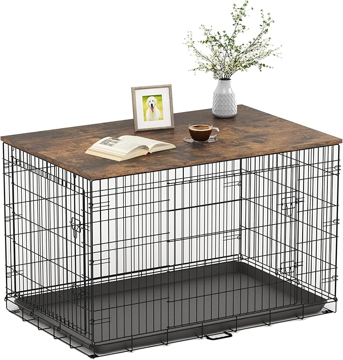 Piskyet Dog Crate Topper Wood Countertop for 48 42 36 30 24 inch Dog Cage, Dog Crate Cover,Dog Kennel Topper, 36" Rustic Brown(Crate Not Include)