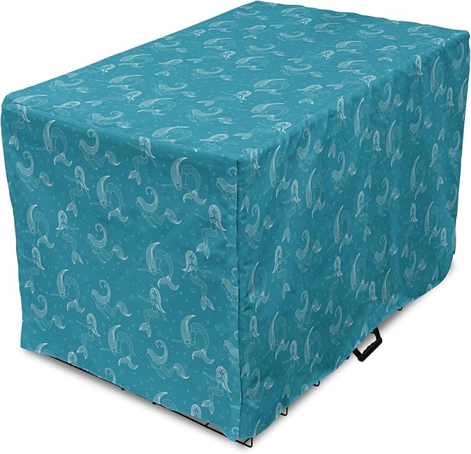 Lunarable Mermaid Tail Dog Crate Cover, Cartoon Design of Aquatic Girl Swimming Underwater Bubbles, Easy to Use Pet Kennel Cover for Small Dogs Puppies Kittens, 18 Inch, Dark Turquoise Ivory
