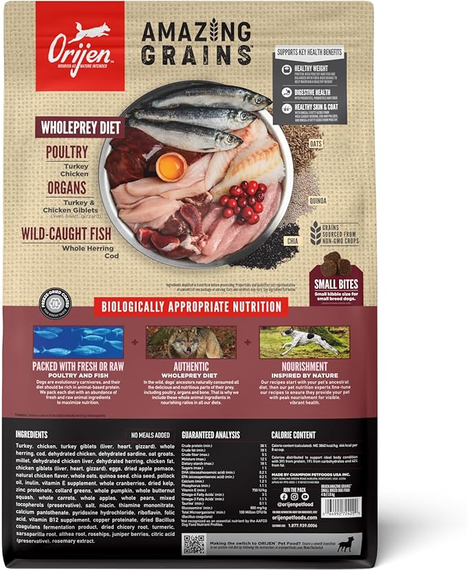 ORIJEN Amazing Grains Small Breed Dry Dog Food Recipe, 4lb