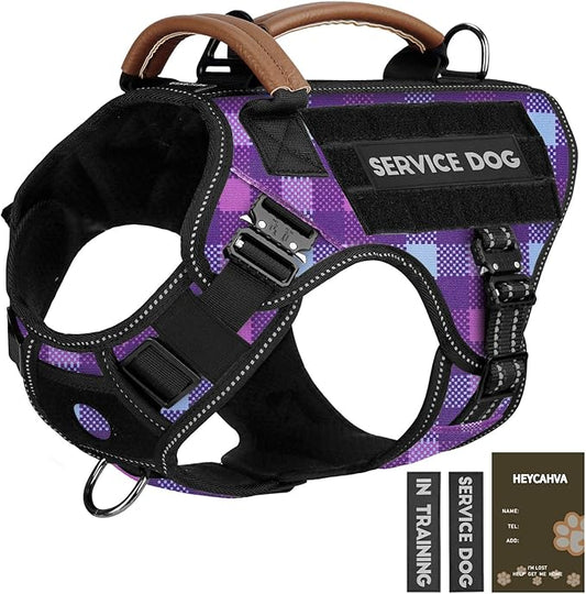 Tactical Dog Harness - HEYCAHVA Service Dog Vest Full Metal Buckles Dog Vest for Medium Large Dog Reflective No Pull Dog Harnesses Vest with Leather Handle, Hook & Loop for Hiking Training (Purple, M)