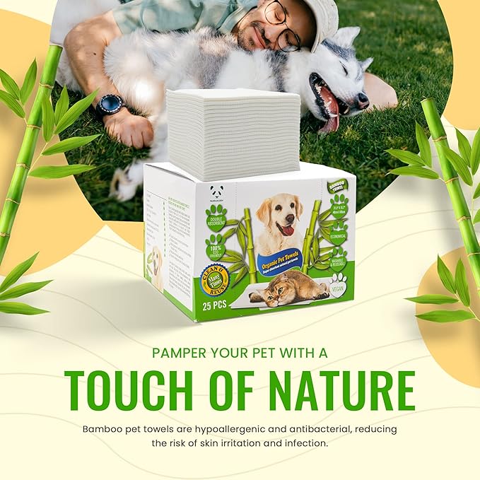 Bamboo Pet Towel 25 PCS - Reusable Bamboo Paper Towels for Dogs, Cats and Other Pets are Machine Washable Up to 5 Times | Disposable Pet Wipes for Drying and Cleaning Dirty Pets