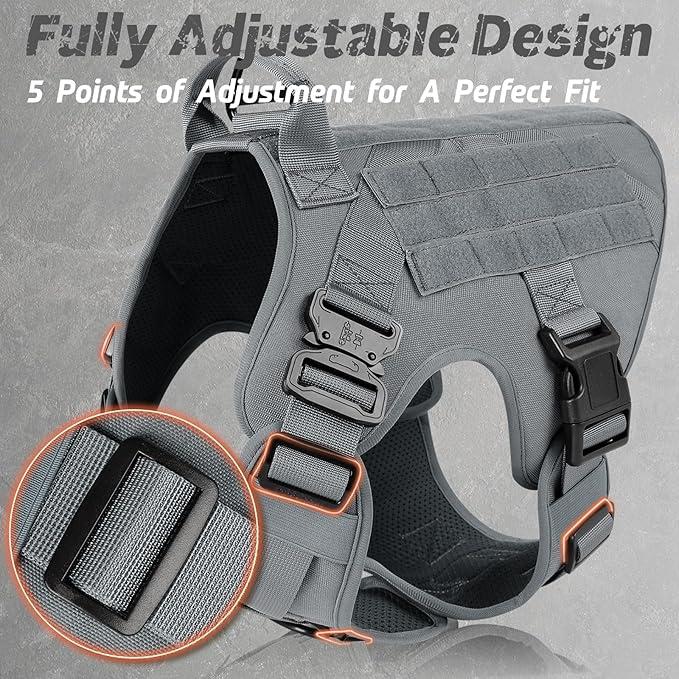 rabbitgoo Tactical Dog Harness for Large Dogs, Heavy Duty Dog Harness with Handle, No-Pull Service Dog Vest Large Breed, Adjustable Military Dog Vest Harness for Training Hunting Walking, Grey, S