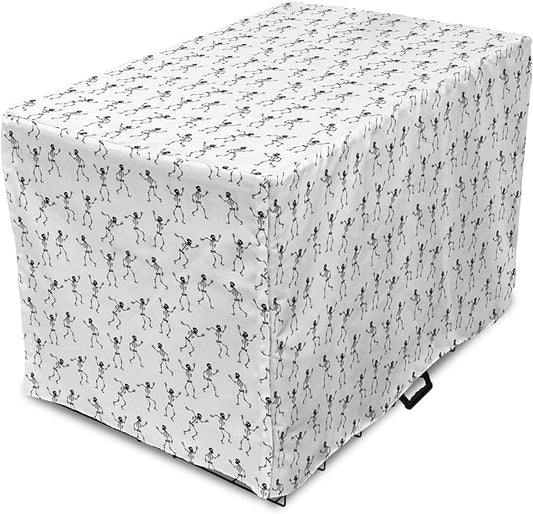 Lunarable Skull Dog Crate Cover, Cartoon Pattern of Monochrome Skeletons Halloween Themed Illustration Horror, Easy to Use Pet Kennel Cover for Medium Large Dogs, 42 Inch, White Black
