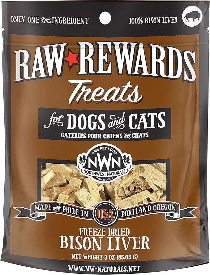Northwest Naturals Raw Rewards Freeze-Dried Bison Liver Treats for Dogs and Cats - Bite-Sized Pieces - Healthy, 1 Ingredient, Human Grade Pet Food, All Natural - 3 Oz