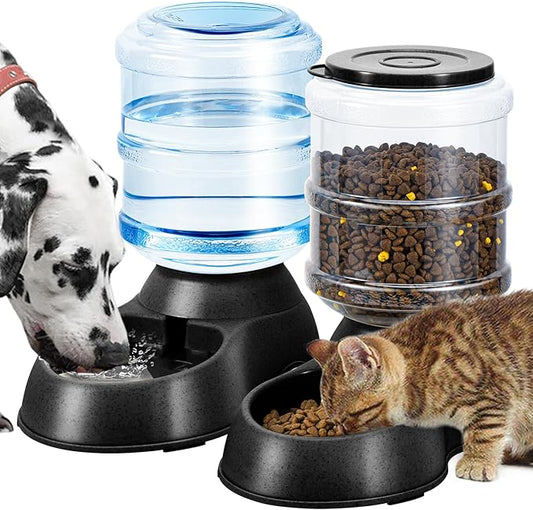 2 Pack Automatic Cat Feeder and Water Dispenser in Set Pet Food Bowl for Small Medium Dog Pets Puppy Kitten Big Capacity 1 Gallon x 2 (Dark Black)