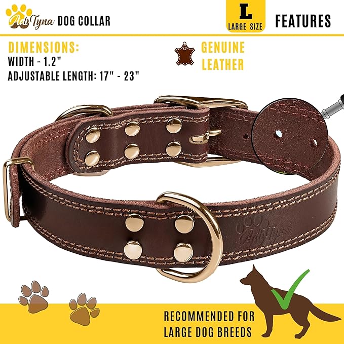 ADITYNA Heavy Duty Leather Dog Collar - Soft and Strong Leather Dog Collar for All Dog Breeds (Large: Fit 17" - 23" Neck, Brown - Gold Colored Buckle)