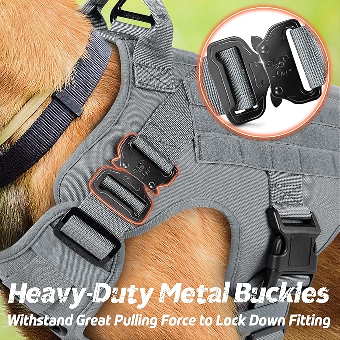 rabbitgoo Tactical Dog Harness for Large Dogs, Heavy Duty Dog Harness with Handle, No-Pull Service Dog Vest Large Breed, Adjustable Military Dog Vest Harness for Training Hunting Walking, Grey, S