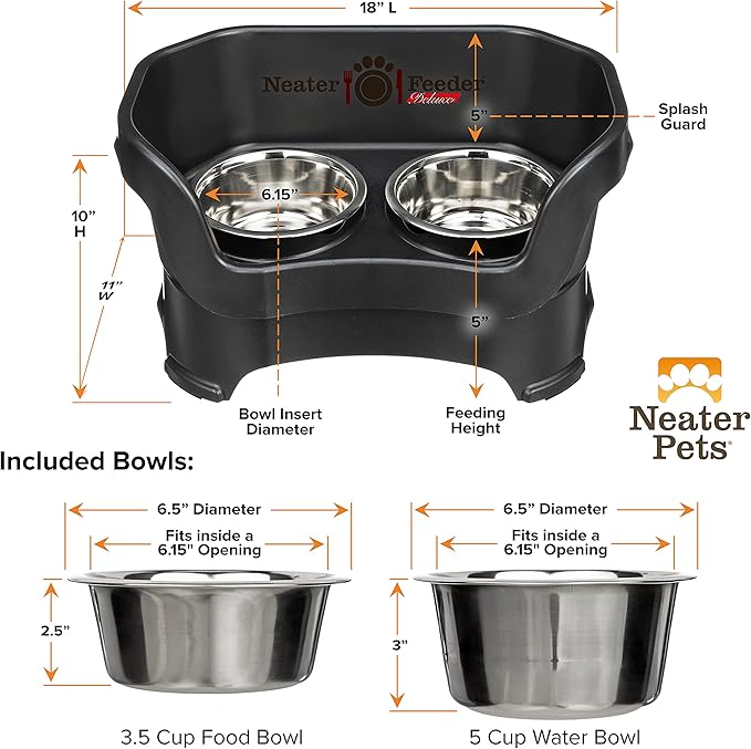 Neater Feeder Deluxe Mess Proof Dog Bowls Elevated Medium Sized Dog Breed – Made in USA – No Spill Raised Dog Food Bowl Stand – Stainless Steel Food and Water Bowl Set, Pet Feeding Station, Black