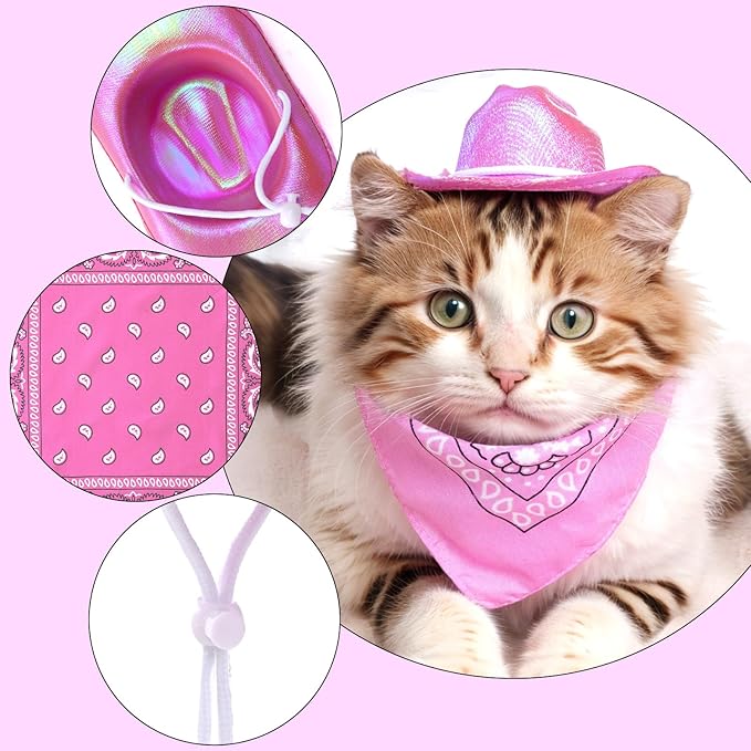 Pet Cowboy Costume Set Neon Sparkly Glitter Space Dog Cat Cowboy Hat Cap Bandana Scarf for Puppy Kitten Halloween Western Cosplay Party (Pink, Medium)