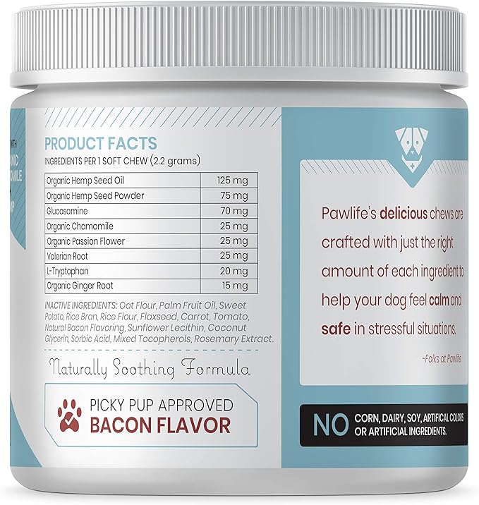 Hemp Dog Calming Chews - Anxiety Relief Treats, 240 Calming Treats for Dogs, Calm Pup Dog Anxiety Relief & Joint Support, Oil Infused Calming Chews for Dogs Anxiety (Bacon Flavor)