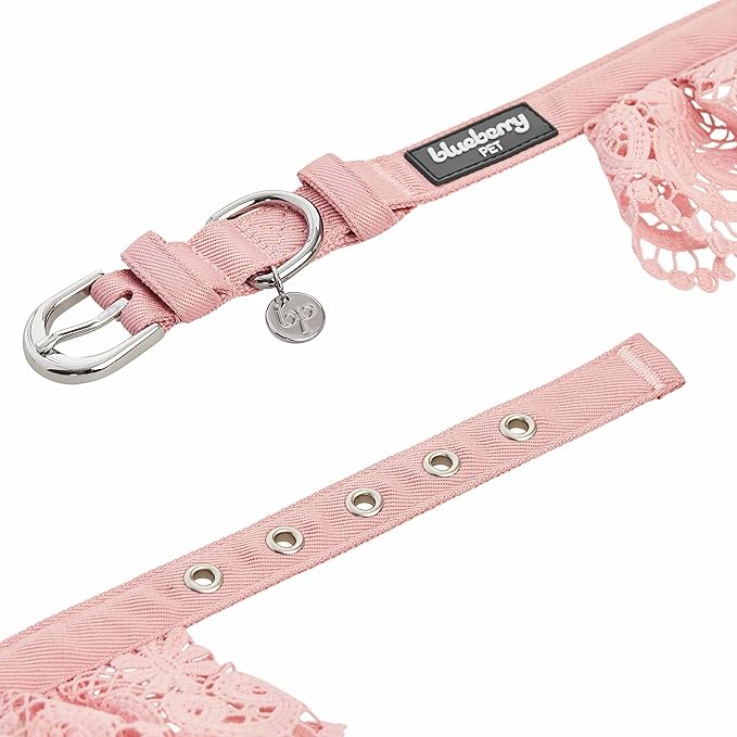 Blueberry Pet Floral Lace Adjustable Dog Collar in Baby Pink with Metal Buckle, Neck 9-12.5", for Small Breed