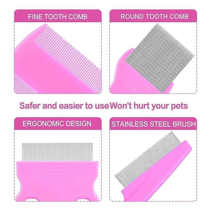 5 Pack Flea Lice Comb,Stainless Steel Dog Cat Grooming Combs With Rounded Teeth,Double-Sided Tear Stain Remover,Dematting Comb For Dogs Cats Ideal For All Types Of Small, Medium, Large Pets (Pink)