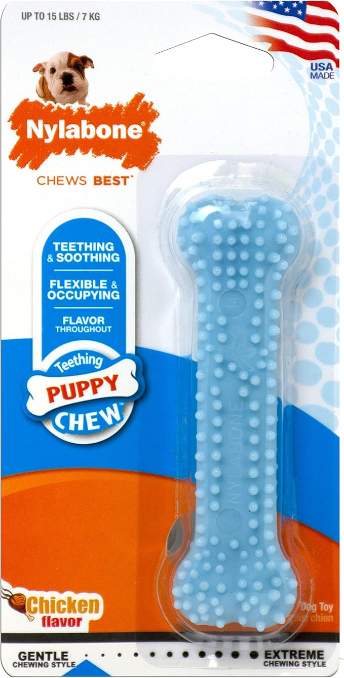 Nylabone Puppy Teething and Soothing Chew Toy - Puppy Chew Toys for Teething - Puppy Supplies - Chicken Flavor, Blue, X-Small/Petite (1 Count)