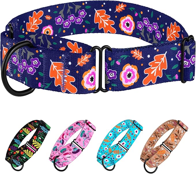 CollarDirect Martingale Collars for Dogs Heavy Duty Floral Pattern Female Safety Nylon Training Wide Collar Flower Design Large Medium (M, Neck Size 12"-17", Navy Blue)