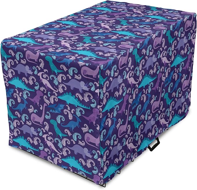 Lunarable Jurassic Dog Crate Cover, Abstract Cartoon Dinosaur Pattern Ferns Caricature Style Creatures Prehistoric, Easy to Use Pet Kennel Cover for Small Dogs Puppies Kittens, 22 Inch, Blue Purple