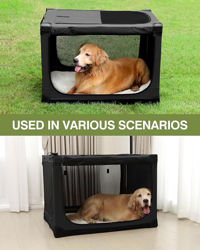 36-Inch Collapsible Travel Dog Crate, Portable 4-Door Soft Kennel for Medium to Large Dogs, Chew-Proof Mesh Windows, Indoor/Outdoor Use, Foldable, with Storage Bag (Black)