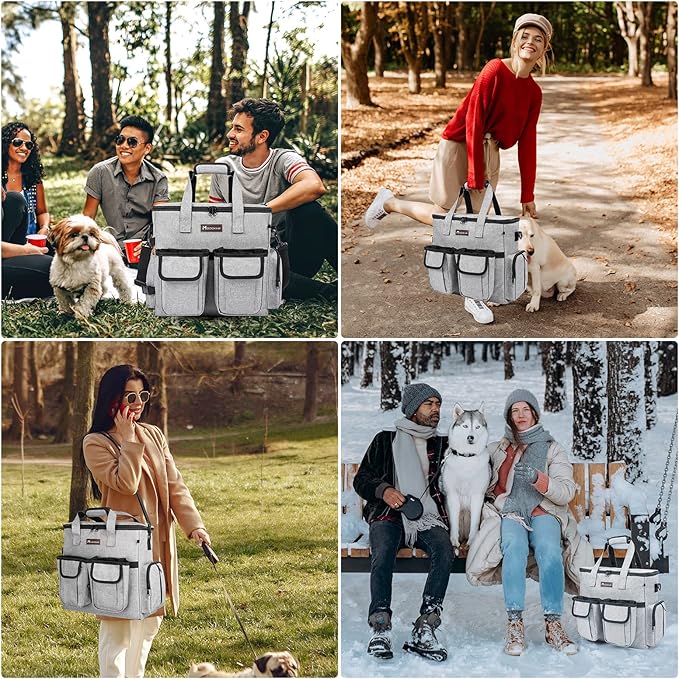 Airline Approved Dog Travel Bag with 2 Dog Treat Training Pouches, Dog Tote Organizer for Weekend Pet Travel Supplies & Accessories, 2 Collapsible Dog Bowls, 2 Travel Dog Food Container (Grey)