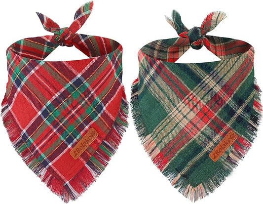 Merry Christmas Dog Bandanas with Tassels Edges Classic Stylish Plaid 2 Pack Christmas Xmas Dogs Bandana Pet Scarf Bibs Pet Scaf Christmas for Small Medium Large Dog Pets