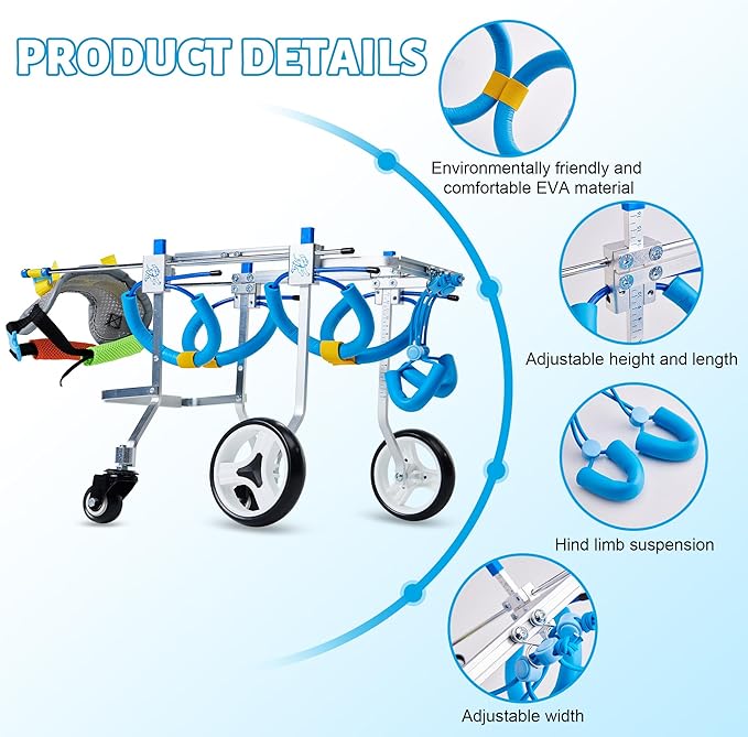 Adjustable 4-Wheel Dog Wheelchair| Pet Wheelchairs with Disabled Hind Legs Walking|Full Support Dog wheelchairs (7-Size) (XSLW)