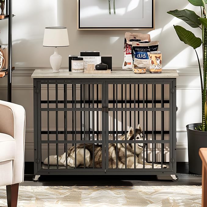 NicBex Dog Crate Furniture, 43.3" L Double Doors Flip-Top Kennel for Large Dogs, Grey