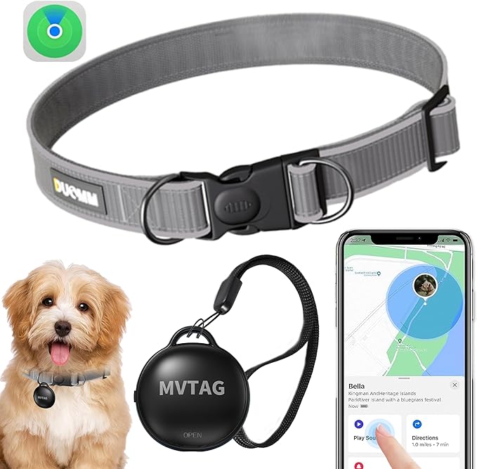 Dog Tracker GPS Collar No Monthly Fee, Real-Time Mini Pet Tracker for Small Medium Large Dogs, Reflective Waterproof Dog Tracking Collar with Bell, Indoor & Outdoor (Only for iOS)