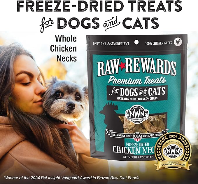Northwest Naturals Raw Rewards Freeze-Dried Chicken Neck Treats for Dogs and Cats - Bite-Sized Pieces - Healthy, 1 Ingredient, Human Grade Pet Food, All Natural - 4 Oz (Pack of 3)