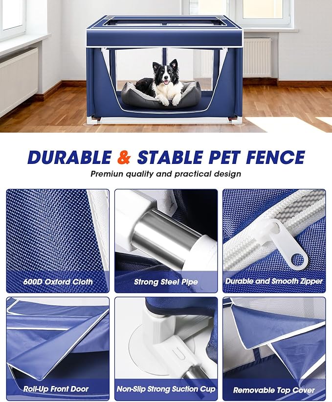 Dog Playpen 42 × 42 Inch,Breathable Puppy PlayPen with Gate and Removable Cover,Thickened Oxford Fabric Dog Play Pen for Indoor & Outdoor,Safe and Sturdy Pet Fence(Blue White)