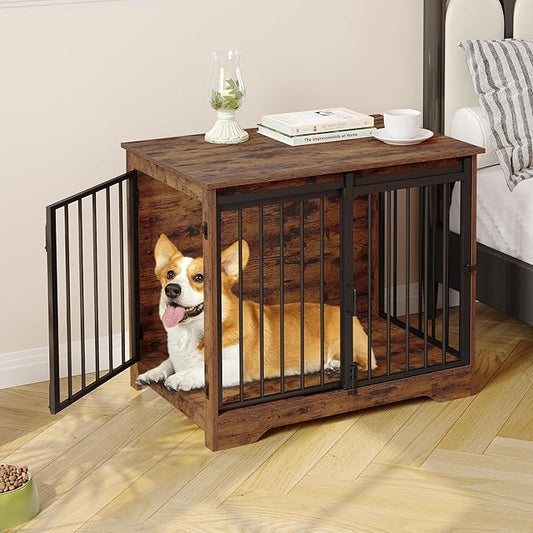 Dog Crate Furniture, 32" Double Door Dog Crate with Barn Door, Dog Kennel Indoor, End Side Table Wooden Dog Crates for Small Medium Large Dogs, Anti-Chew Anti-Escape, Rustic Brown DFC83601B