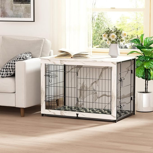 Megidok Wooden Dog Crate Furniture with Cushion, End Table with Tray, Double Doors (L:37" W:25" D:26" H, Marble White)