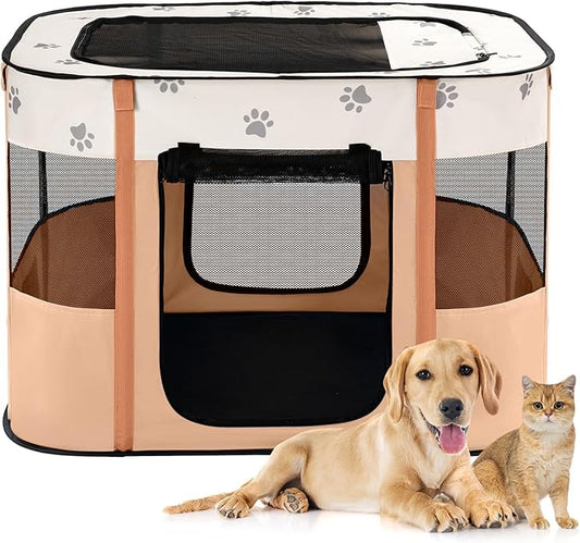 Avont Portable Dog Cat Playpen, Foldable Pop Up Pet Play Pen Travel Crate with Floor and Mesh Door Top for Indoor Outdoor Collapsible Tent Cage -S, Orange