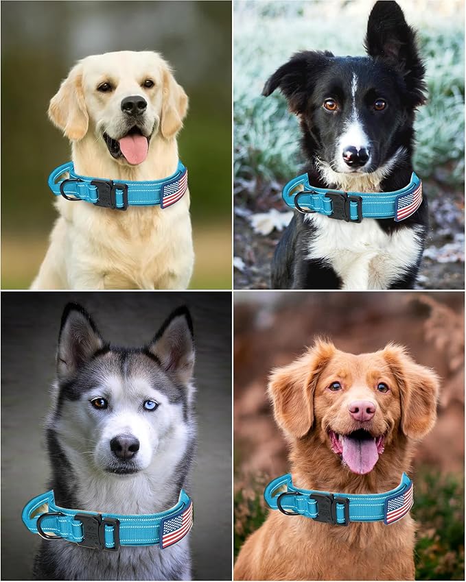 AUBELL Reflective Tactical Dog Collar with Handle, Heavy Duty Military Durable Thick Dog Collar with Metal Buckle Great for Medium Large Dogs, with Airtag Case and 2 Patches(Blue, M)