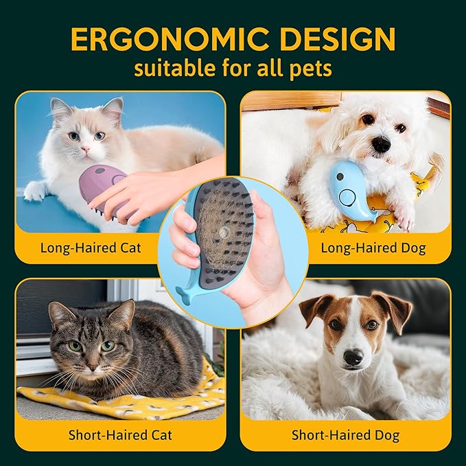 Cat Steam Brush for Shedding Pets 3 in 1 Function, Spritz Defur Comb for Kittens, Steamy Hair Rake for Long-Haired Dogs, Steamer Brush for Massage, Grooming and Removing Loose Hair